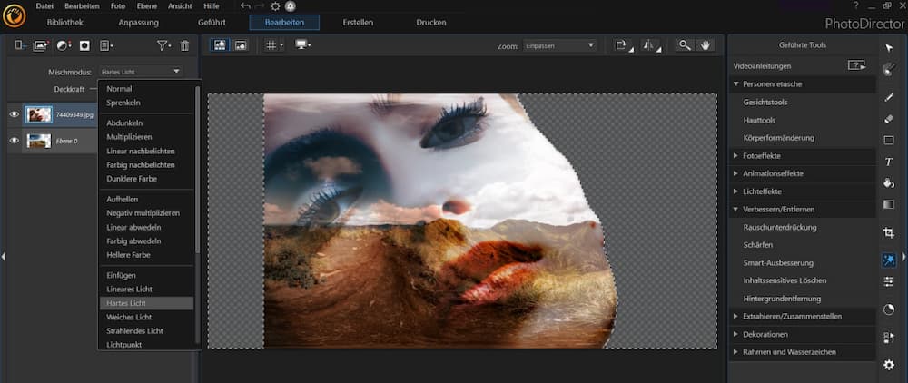 PhotoDirector App - Mischmodus auswählen